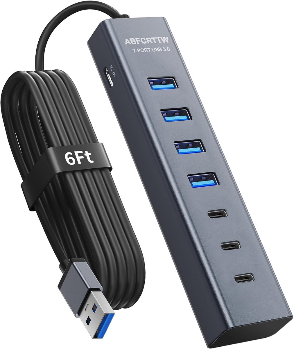 Thijox - 180cm USB-hub 3.0 voor desktop, 4 USB-A + 3 USB-C-poorten, aluminium USB-verlengingshub 5 Gbps, lange kabel voor pc, flashdrive, mobiele hard