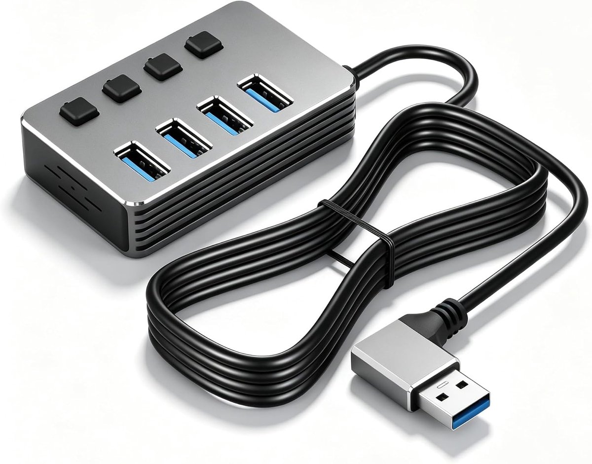 SnelShoppen - USB-hub 4 poorts Aluminium 90° Hoek, 1,5m Kabel, USB 3.0 & 2.0 met LED-indicatoren voor Bureaus, Wandtv's en Kleinere Ruimtes