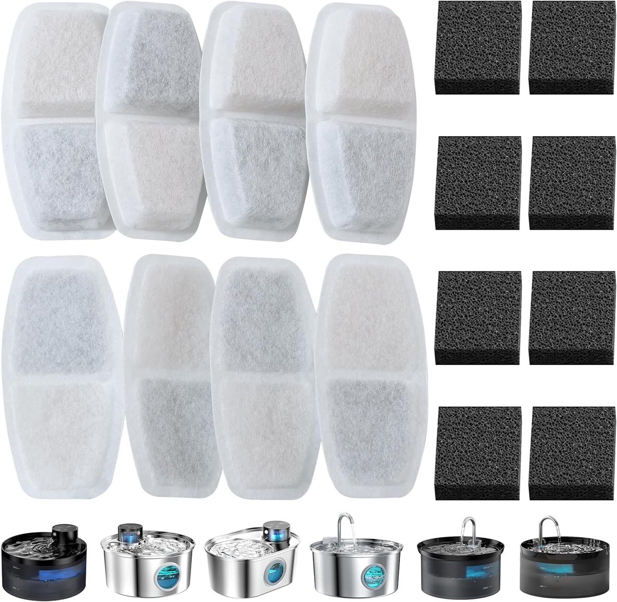 SnelShoppen - Cat Water Fountain Filters 16 Stuks, 8 Pcs Pet Filters + 8 Kat Fontein Sponsen, Drievoudige Filtratie voor Katten, Geschikt voor 2.5L en