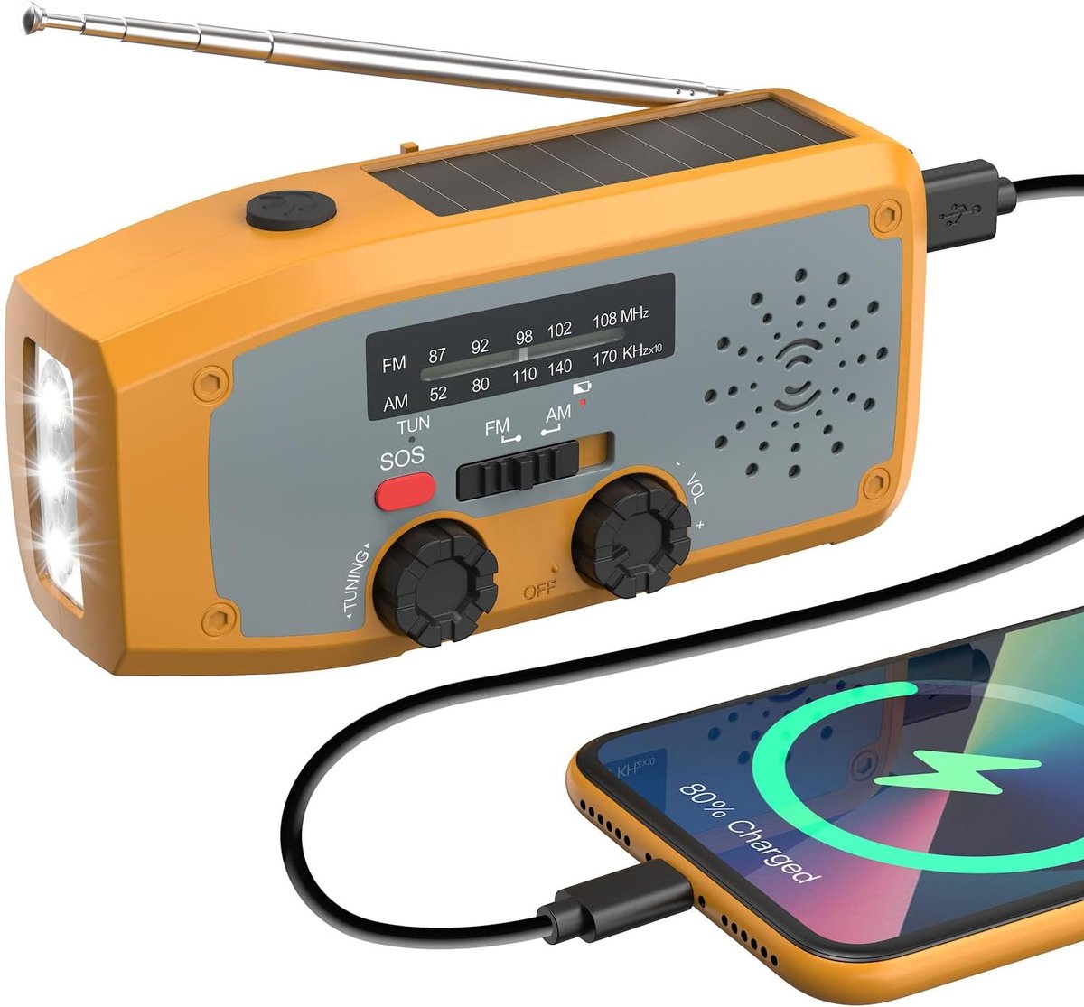 SnelShoppen - Emergency Radio Solar Powered Portable Radio met LED Flashlight, SOS Alarm, AM/FM, Crank, 2000mAh Powerbank, Oranje voor Buiten en Binne