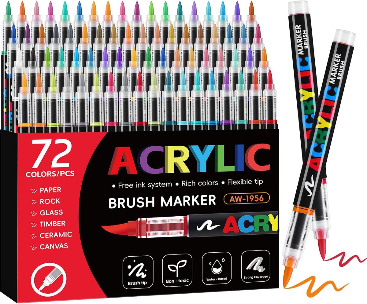 SnelShoppen - Acrylic Marker Set 72 Stuks - Professionele Brush Tip Markers - Opaque Acryl Verf voor Steen, Keramiek, Hout en Canvas - Creatieve Schil