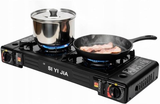 SnelShoppen - Draagbaar 2 pits gasstel Campingkooktoestel Cooker met 8x Butaangas Cartridges, Elektrische Piezo-Ontsteking, Ideaal voor Outdoor, Festi van Snelshoppen — afbeelding 2