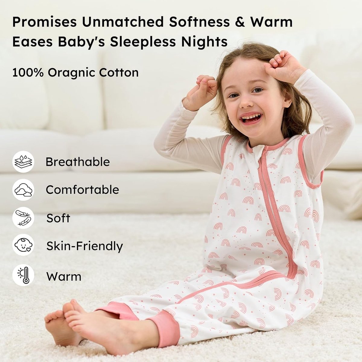 SnelShoppen - Baby Slaapzak met Voetjes 1.0 TOG, 100 cm, Roze Wolk - Veilig en Comfortabel voor Vrije Beweging, Perfect voor Slapen en Spelen