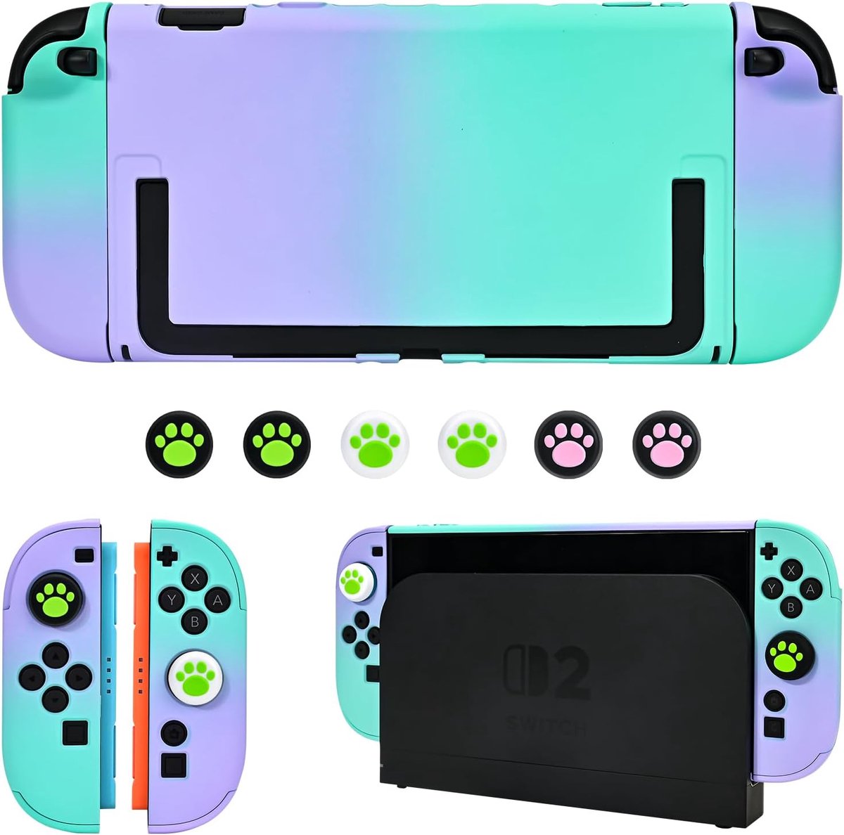 SnelShoppen - Switch 2 2025 Case - Dockable Hard Protective PC Cover met 2 Handvatten en 6 Thumb Grips - Paars + Groen - Perfecte Bescherming voor Gam