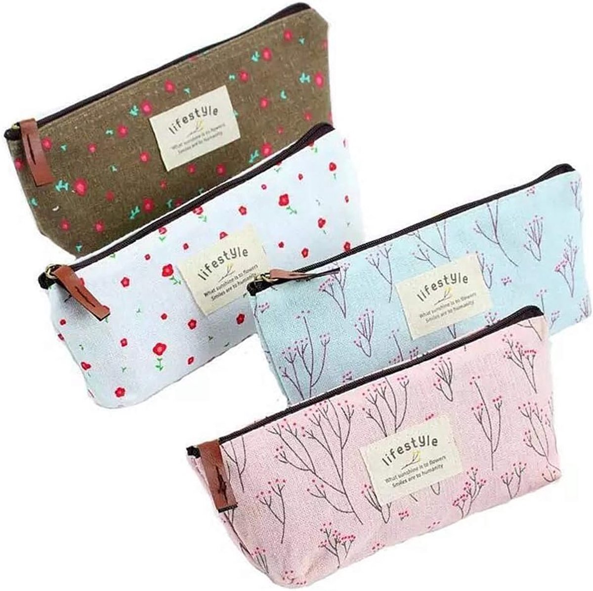Thijox - Pennenetui Bloemen Canvas Ritssluiting Set van 4 - Potlood en Pennenhouder Cosmetica Make-uptas voor Kinderen en Volwassenen - Perfect voor S