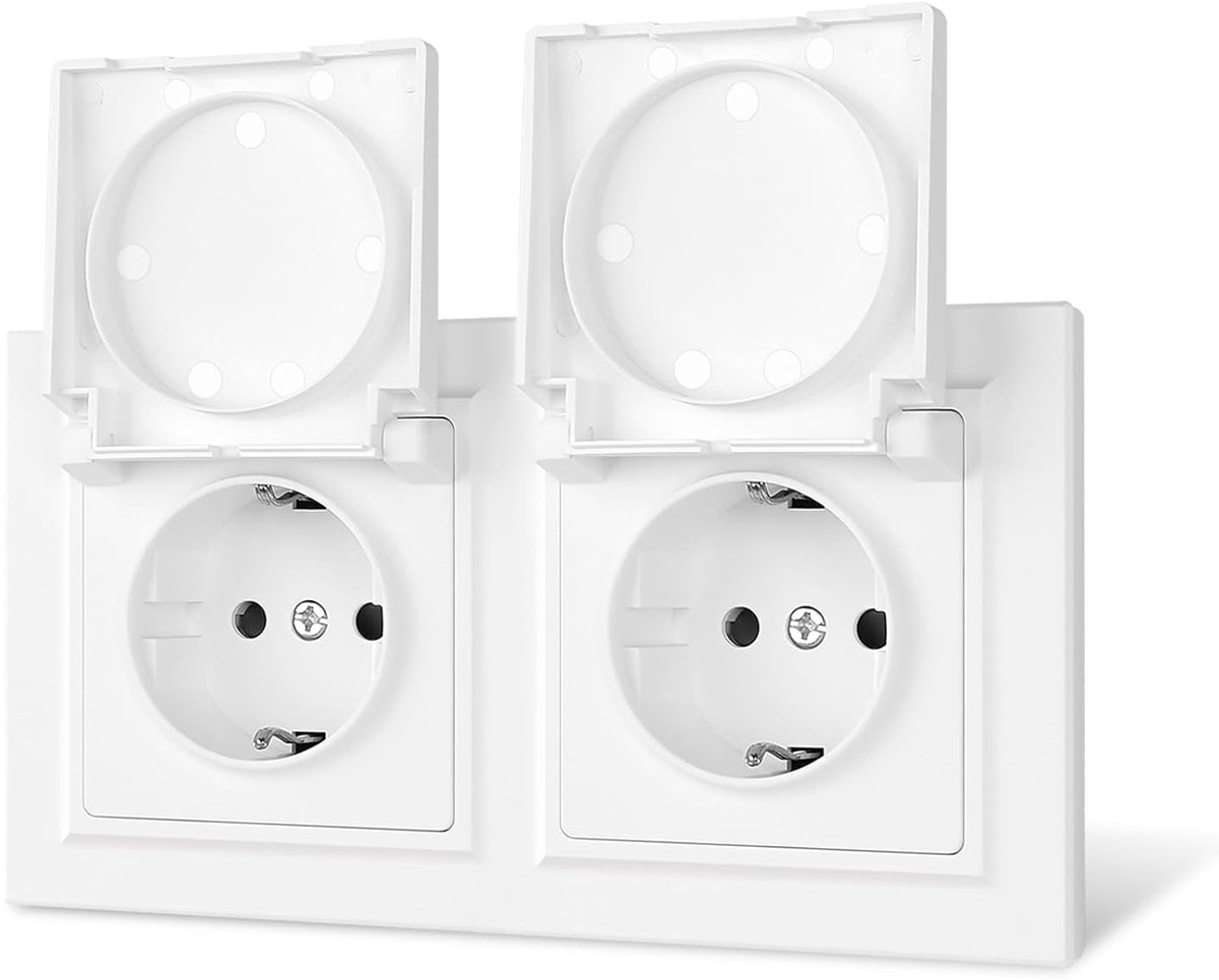 SnelShoppen - Waterproof Dubbele Schuko Wandcontactdoos met Deksel en Klauwen - Inbouw, Matte Textuur, Wit, IP44, Voor Binnen en Buiten, Veilig voor H