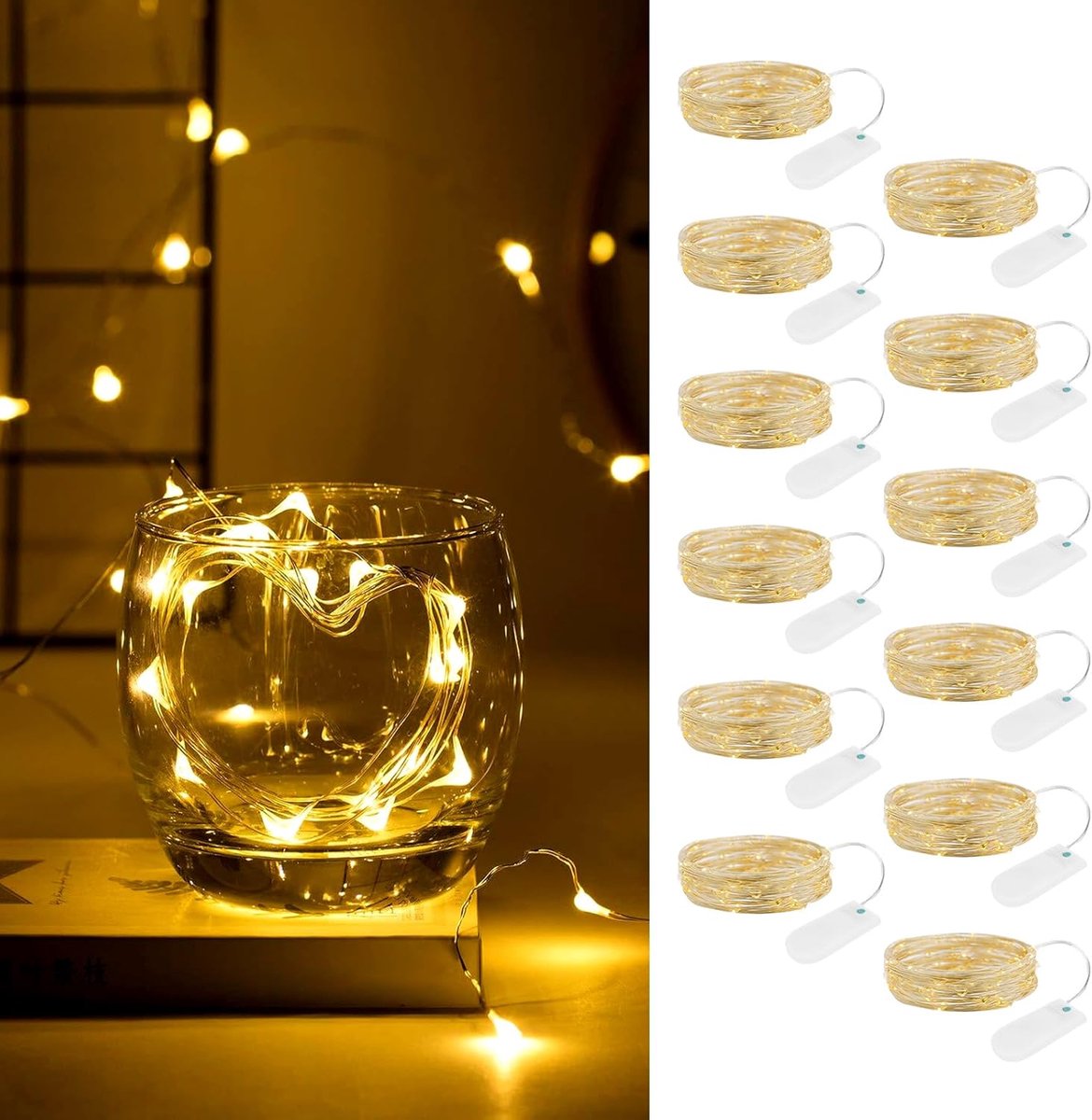 SnelShoppen - Pack van 12 String Lights met Timer, 2 Meter, 20 LED Copper Wire Fairy Lights, Warm Wit, Batterij-Aangedreven en Waterproof voor Kerst,