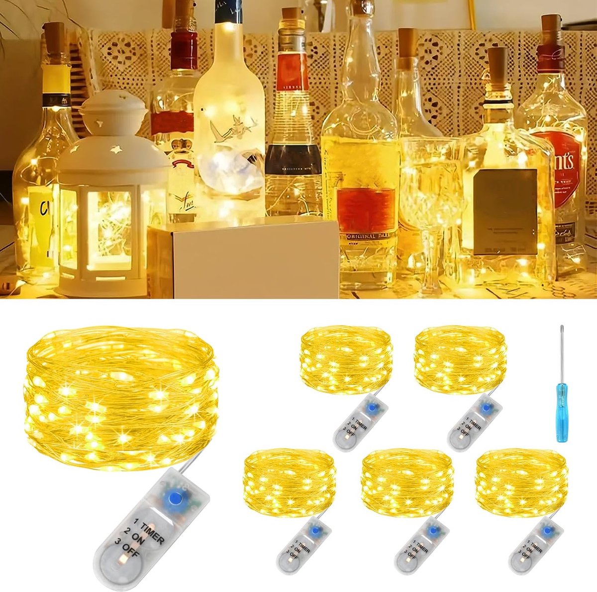 SnelShoppen - 6x LED Fairy Lights met Batterij, 3M 30 LED Koperdraad Sfeerlampen met Timer, Warm Wit voor Binnen en Buiten, Kerst, Halloween, Verjaard