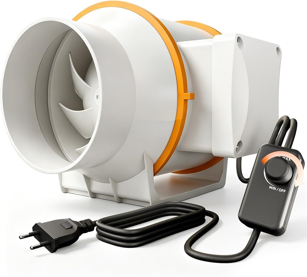 SnelShoppen - 100 mm Kanaalventilator - Stil en Instelbaar - Krachtig en Energiezuinig - Luchtstroom 360 m³/h - Inclusief Toerentalregelaar en Overver