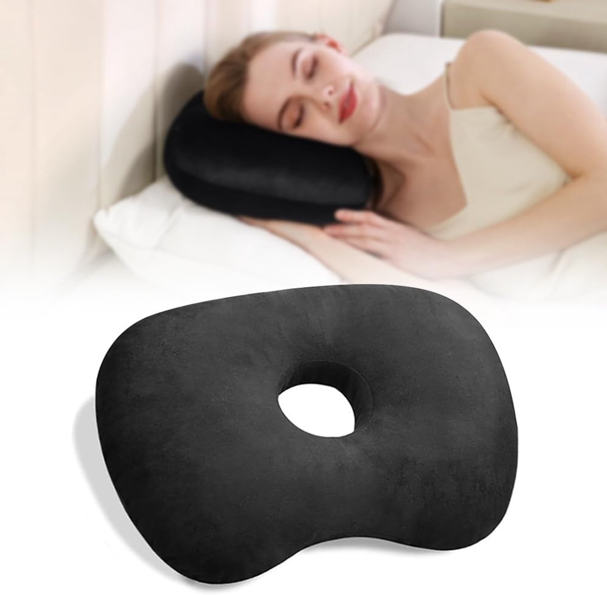 SnelShoppen - Ergonomisch Zijslaper Kussen met Ooropening voor Oorpiercing, Verstelbaar Katoen en Polyester, Curved Side Pillow, Zwart, 17.3x12.6 inch