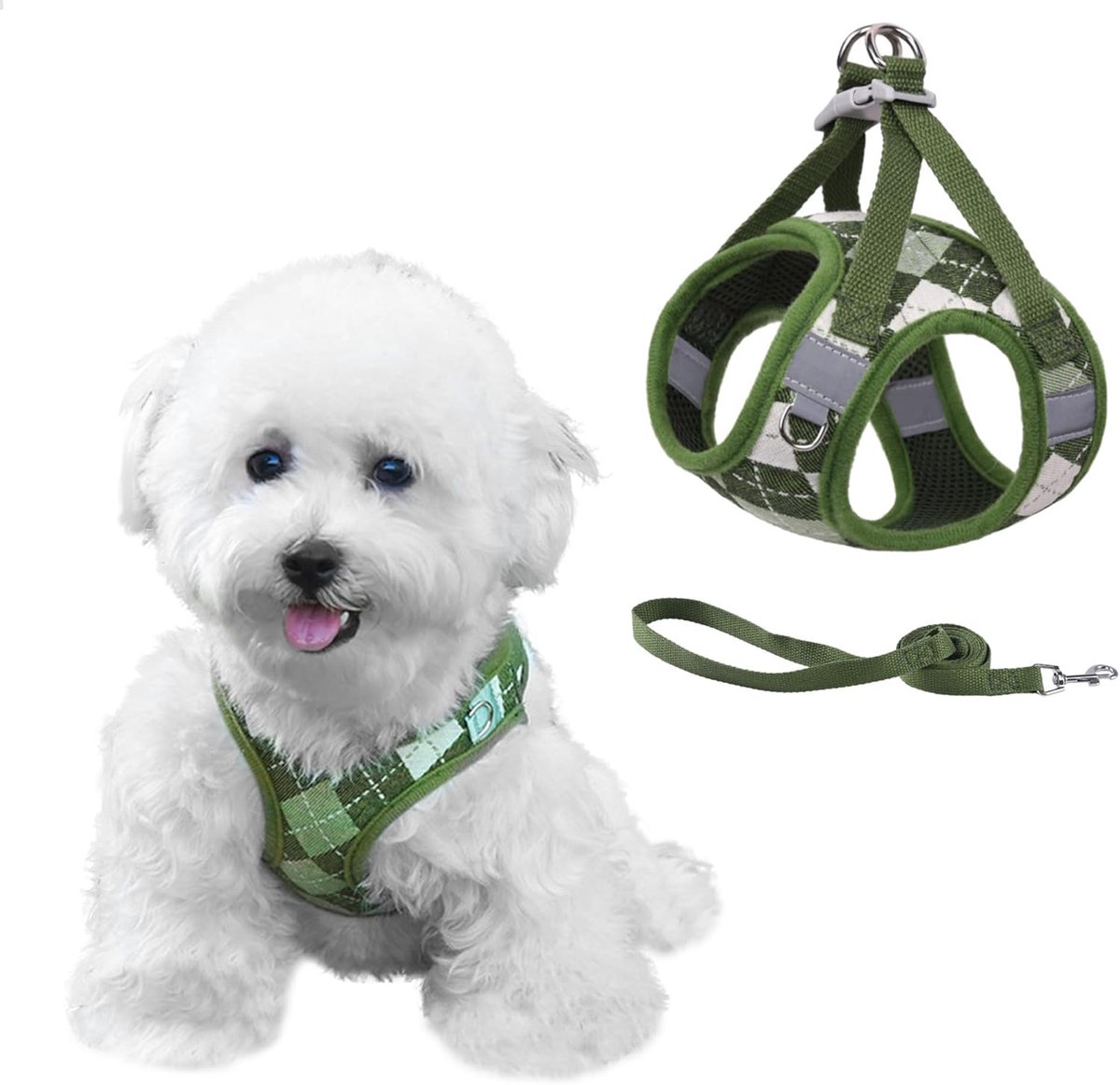 SnelShoppen - Step-in Hondentuigje voor Kleine Honden, Verstelbaar No Pull Puppy Tuig met Leash, Reflecterend Ruitpatroon, Zacht Mesh Borstuig voor Ka