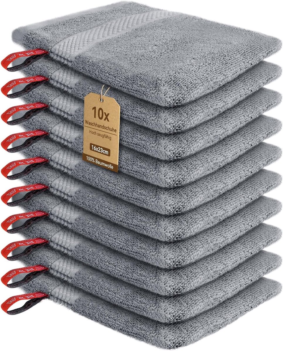 SnelShoppen - Set van 10 Badstof Washandjes 16x23 cm Grijs - Katoenen Wasdoekjes voor Bad, Douche, Kinderen, Gasten & Reizen