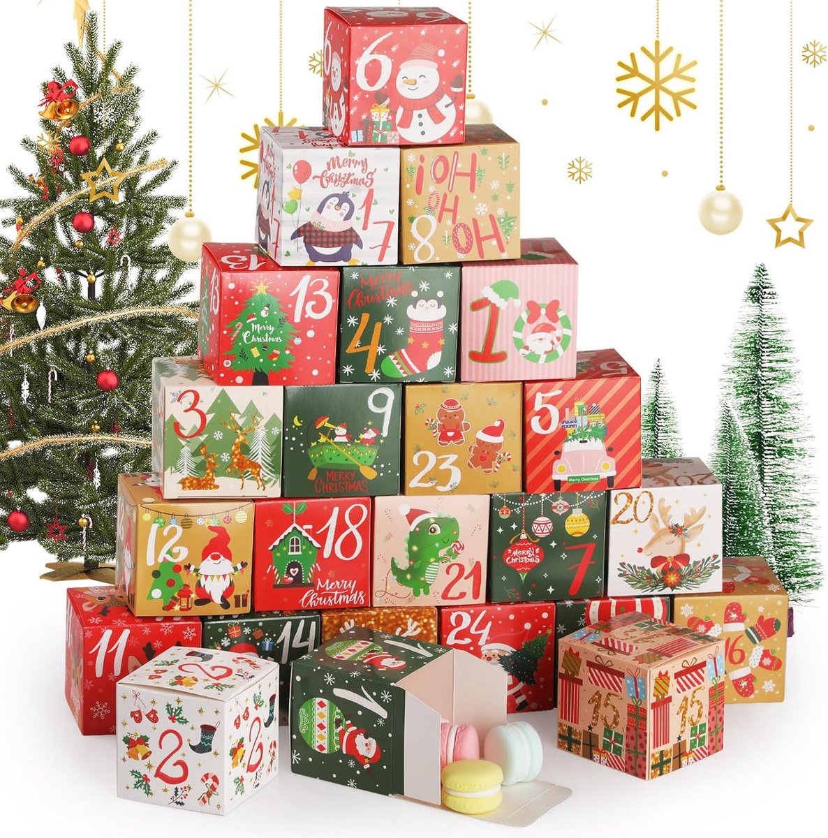 SnelShoppen - Hianjoo Advent Calendar 2024 met 24 Kraft Papieren Cadeau Dozen, Kerst Countdown Boxen voor Kinderen, Kleurvol, Feestelijke Decoratie