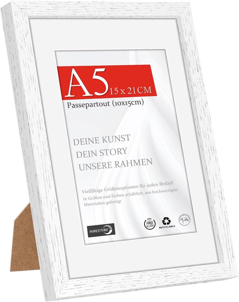 SnelShoppen - Houten Fotolijst DIN A5 14.8 x 21 cm, Minimalistisch Wit, Dunne Lijst voor 10 x 15 cm Foto's, Wand- of Tafellijst van Echt Hout