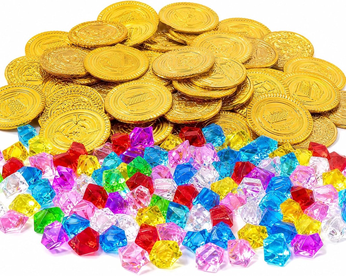 SnelShoppen - 200 Stuks Piratenschat met 100 Gouden Munten en 100 Kleurrijke Edelstenen voor Kinderen, Piratenfeestdecoratie, Schatkistvuller, Verjaar