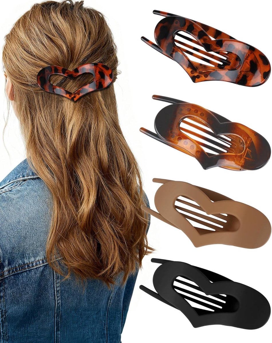 Thijox - 4 Stuks Grote Haarklemmen voor Dames - Hartvormige Platte Haarclips 12,5cm - Matte en Glanzende Afwerking - Franse Haaraccessoires voor Dik H