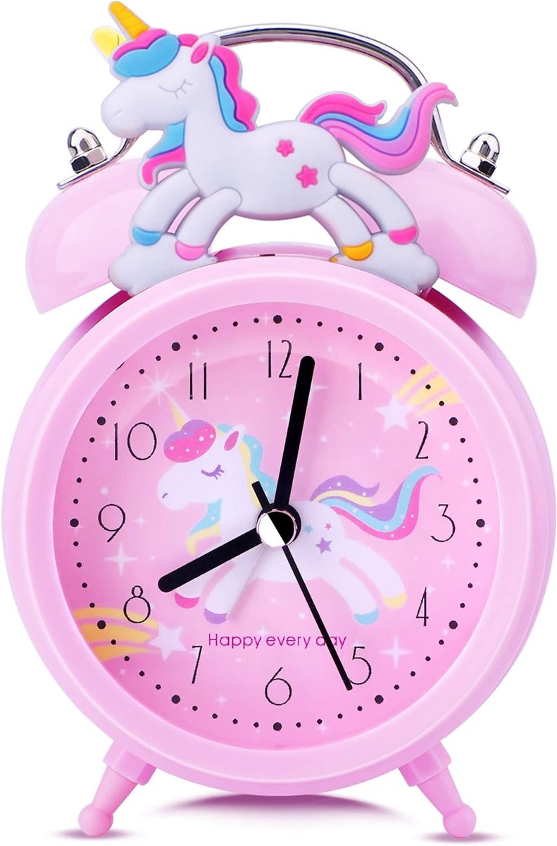 SnelShoppen - Unicorn Klok voor Meisjes, Roze Alarmklok Zonder Tikken, Stille Bedklok met Nachtlampje, Dubbele Bel Klok, Perfect Cadeau voor School en