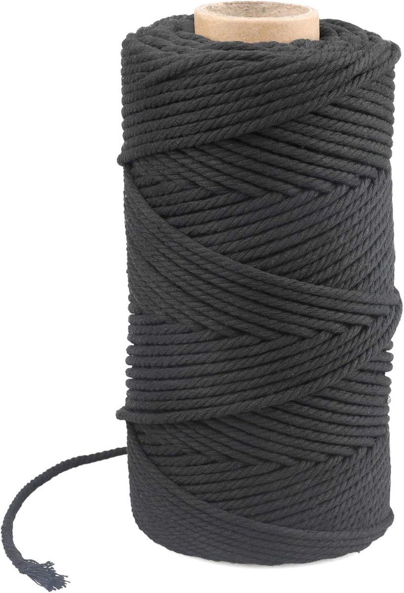 SnelShoppen - Macrame Touw 4mm 100m Zwart Katoenen Touw voor Creatieve Klussen, Decoratie, Plant Hanger, Wanddecoratie, Tuinieren, Keuken, Bakken