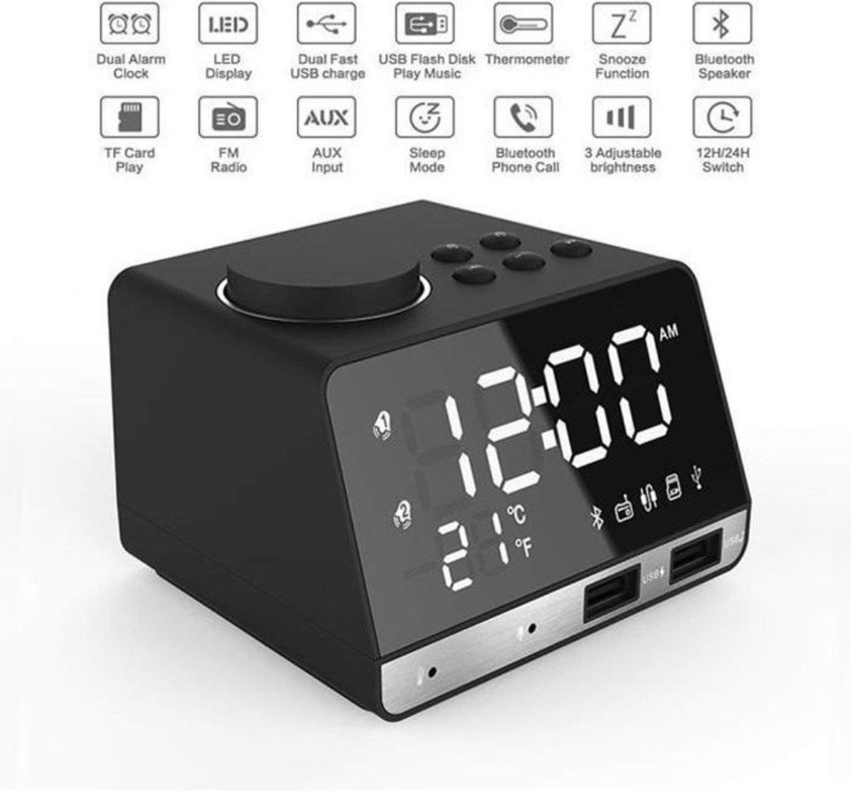 Digitale wekker met radio, dubbele wekker, Bluetooth-luidspreker, 2 USB-poorten en temperatuurweergave.
