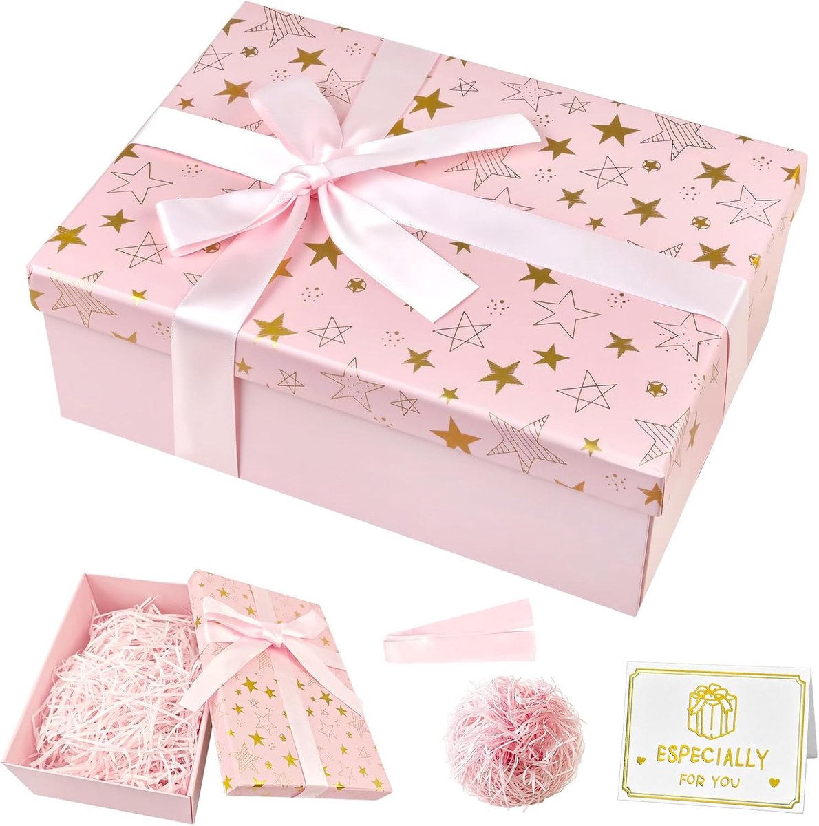 SnelShoppen - Geschenkdoos met Deksel 25 x 18 x 8,5 cm - Opvouwbare Cadeaudoos Roze - Inclusief Linten, Wenskaarten en Raffiapapier - Perfect voor Ver