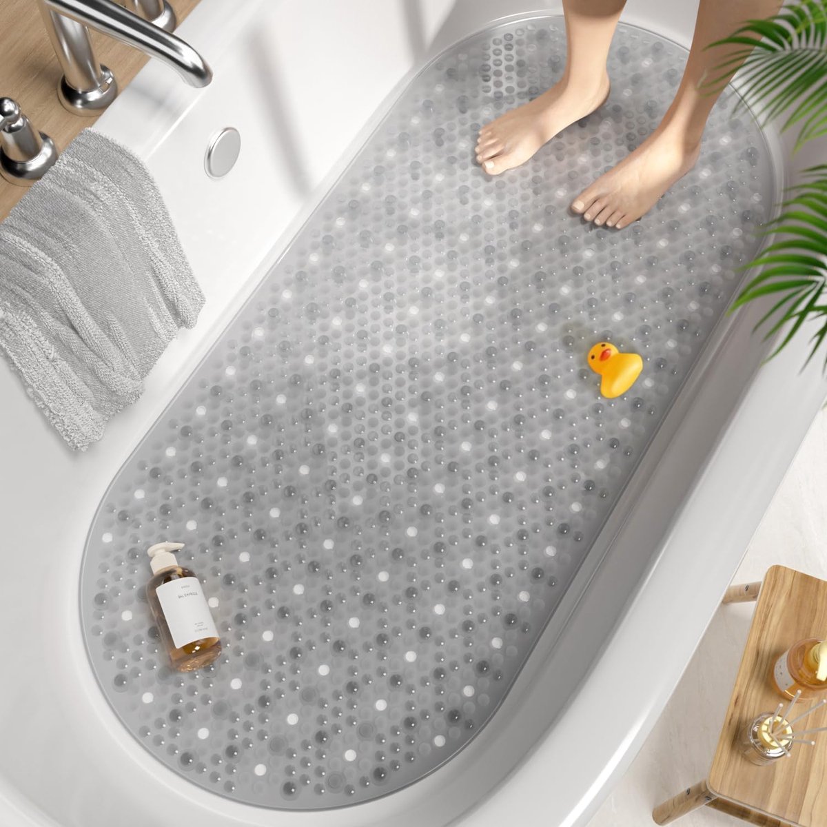 SnelShoppen - Anti-Mold Badmat 88x40cm, Antislip Douchematt met Zuigcups, Machinewasbaar Grijze Badkamer Mat met Afvoergaten voor Veiligheid en Comfor