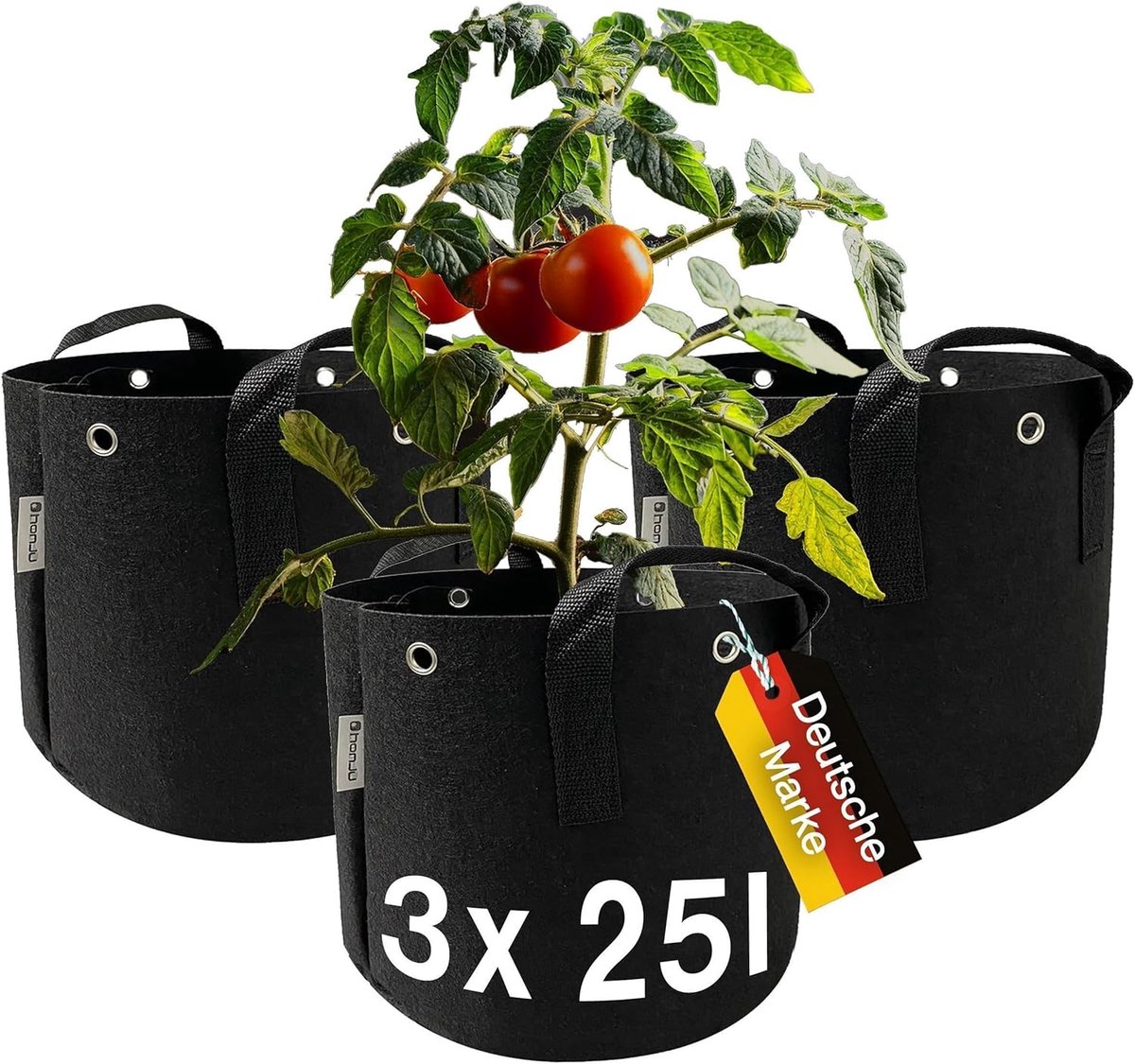SnelShoppen - HOME Growbag Plant Pot, Fleece Pot voor Tomaten 25l (Set van 3) met Handgrepen en Metalen Ogen voor Optimale Wortelgroei en Voorkomen va