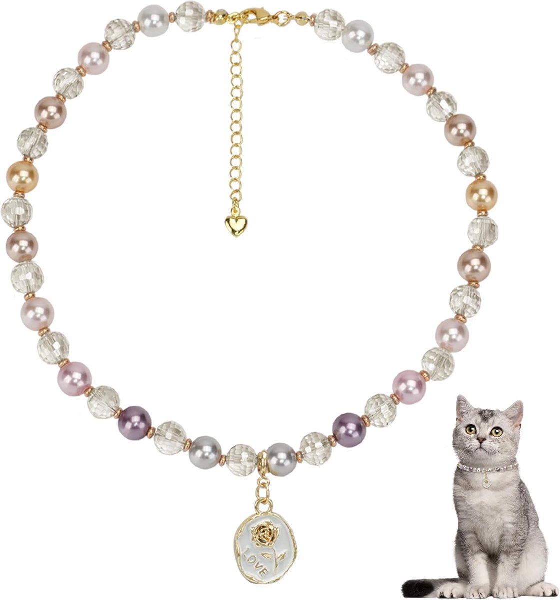 SnelShoppen - Kat Hond Ketting Kraag met Parels Steentjes Elegante Bling Diamant Stijlvolle Accessoires voor Puppies Medium - Kawaii Mode