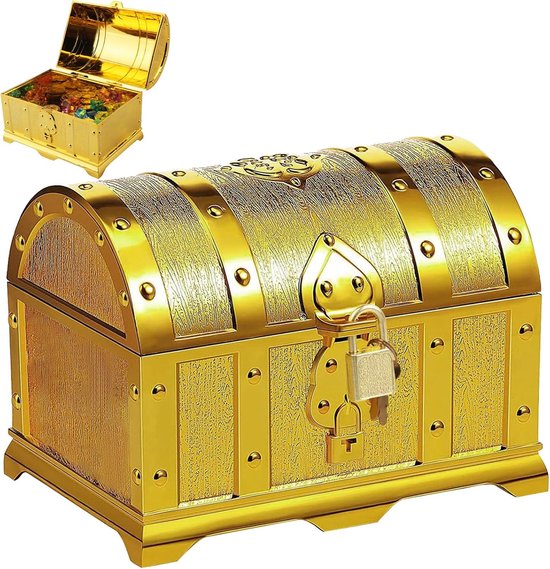 SnelShoppen - Schatkist met Gouden Munten en Edelstenen - Kinderen Verjaardagscadeau - Duurzaam Plastic, 14x11x10 cm - Ideaal voor Feesten en Spelen