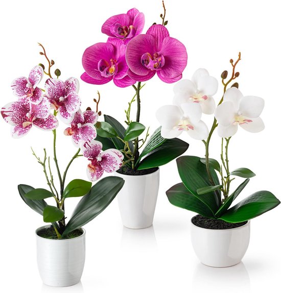 SnelShoppen - Set van 3 Kunstbloemen in Pot (35 cm), Decoratieve Kunstorchideeën met Hoogglans Keramische Potten, Witte Rozen, Luxe Interieurdecoratie