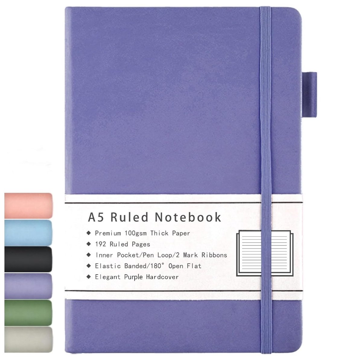 SnelShoppen - A5 Notebook Hardcover Lined Diary, 192 Pagina's, 100GSM Papier, Faux Leer, Paars, Met Penlus, Elastische Band, Ideaal voor Notities, Dag