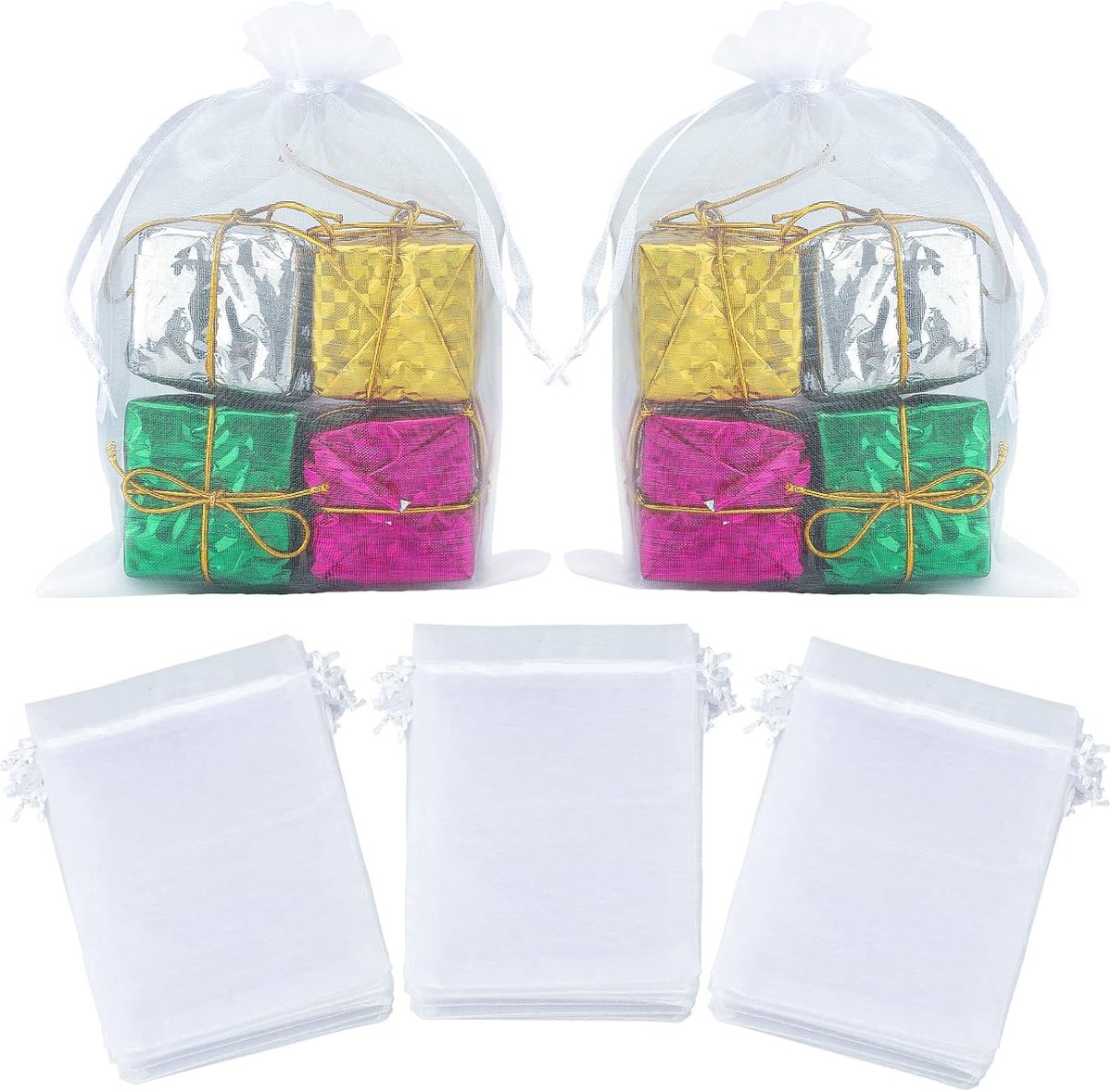 SnelShoppen - Grote Organza Gift Bags 13x18 cm - 50 Stuks Witte Cadeauzakjes met Trekkoord - Perfect voor Bruiloften, Feesten, en Geschenken