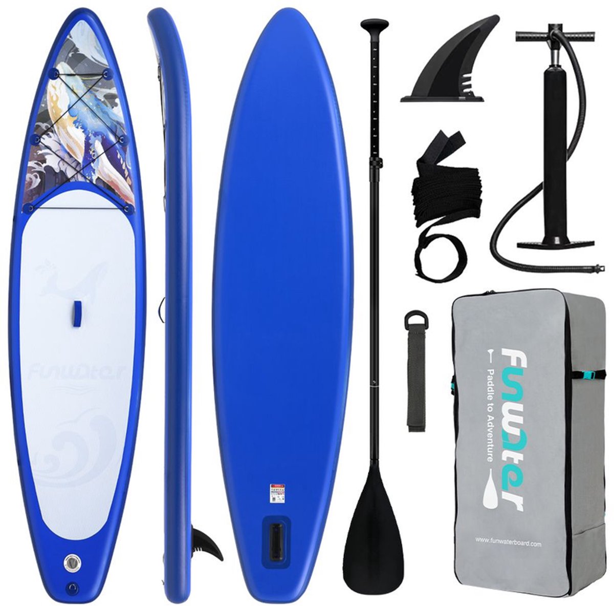 FunWater Stand Up Paddle Board 350x84x15 cm - Opblaasbaar paddleboard voor volwassenen en beginners - Compleet SUP pakket - Max.120 KG - Koningsblauw