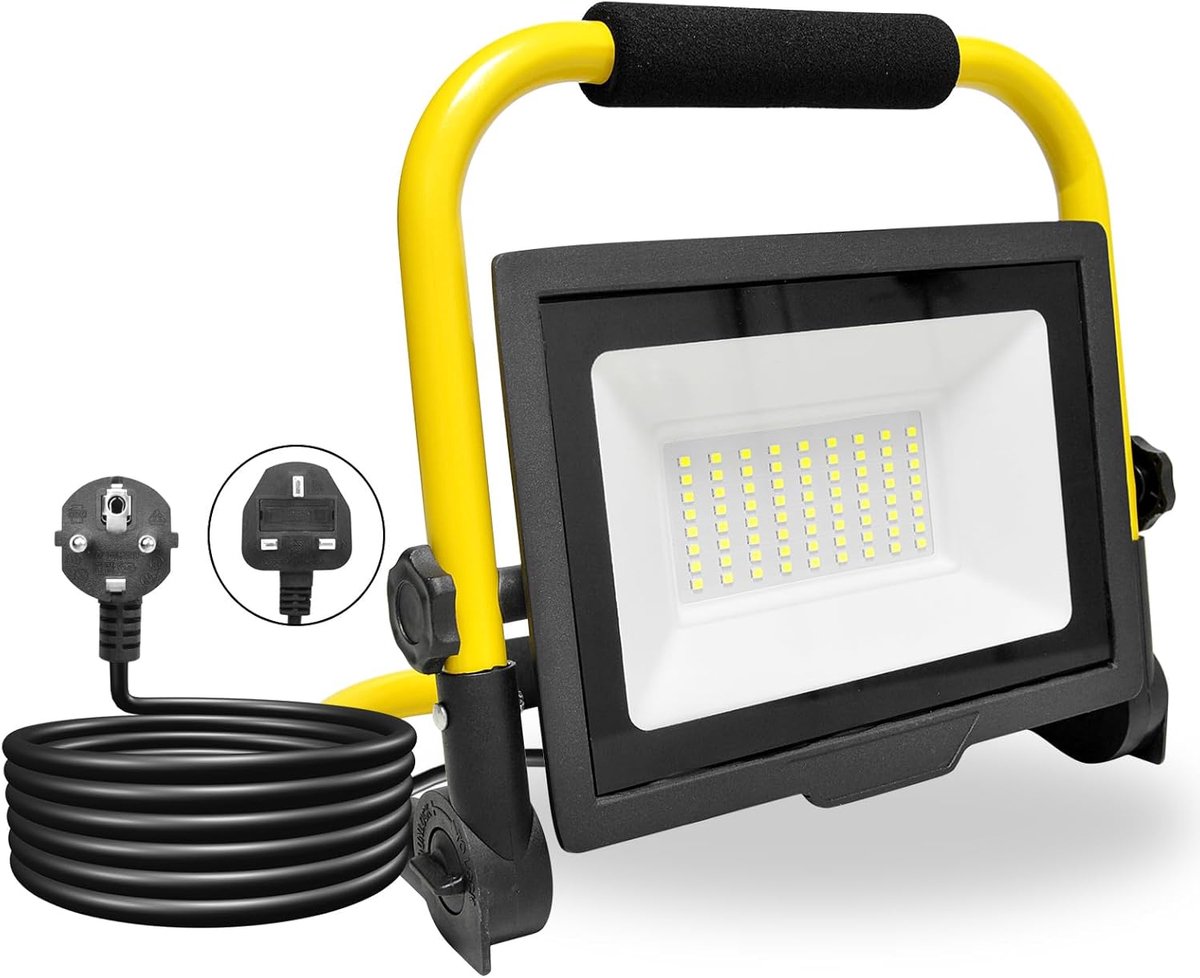 SnelShoppen - 50W LED Bouwlamp met Fitting 5000LM Buitenlamp Vouwbaar Draagbaar LED Spotlicht 360° Draaibaar voor Werkplaats, Garage, Tuin, Waterproof