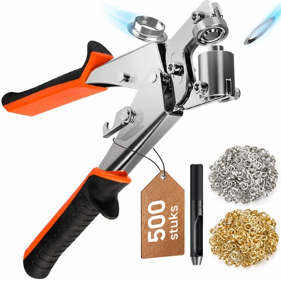 Oogjestang met oranje handvatten, inclusief 500 zilveren en gouden oogjes en een pons.