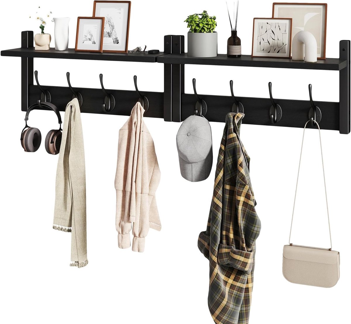 Set van 2 Wandkasten met Plank en 8 Dubbele Haken voor Hoeden en Kleding, Ideaal voor Hal, Slaapkamer en Keuken, Zwart, 80 cm