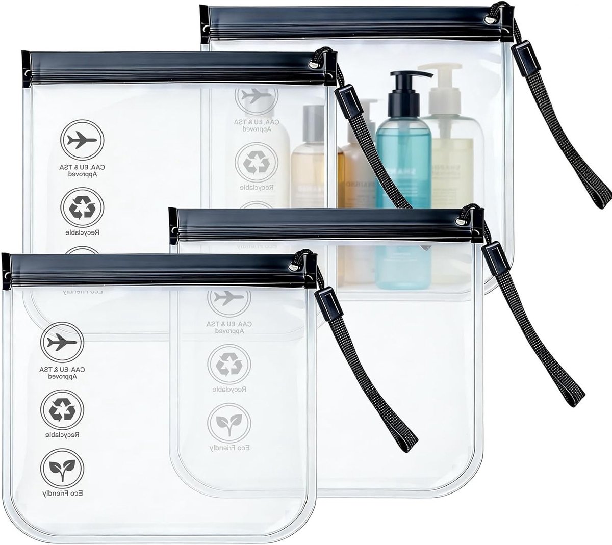 4 Stuks Transparante Toilettas voor Handbagage, Waterdicht en Lekvrij, Perfect voor Luchthavenbeveiliging en Reisaccessoires, 20 x 20 cm