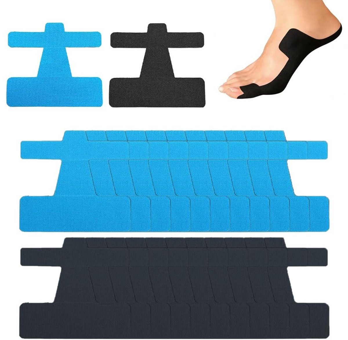 Korrektie en ondersteuning voor hallux valgus met kinesiotape, bandage en zehenspreizer voor pijnverlichting