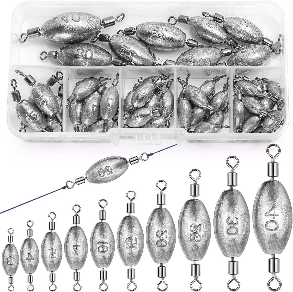Visgewichten set van 45 stuks, ideaal voor vissen, 10 gram per gewicht, perfect voor elke visser