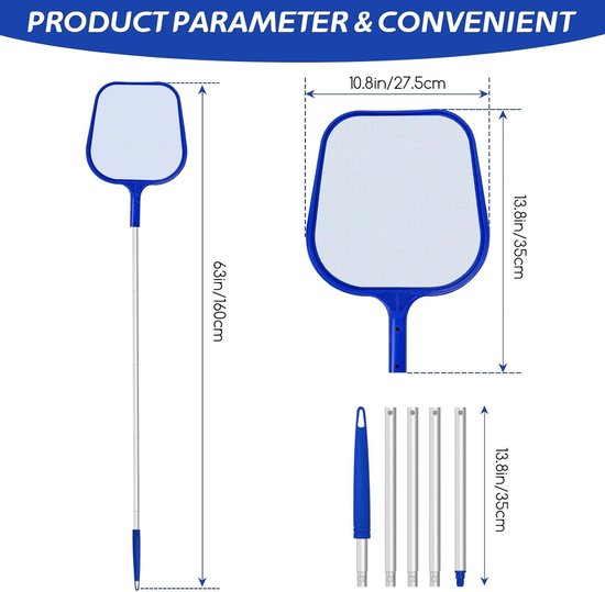 Schepnet voor Zwembad - 120cm Lang met Telescoopsteel - Fijnmazig Nylon Net - voor Vijver, Algen & Bestway Zwembad - Blauw - 1 Stuk van Merkloos — afbeelding 2
