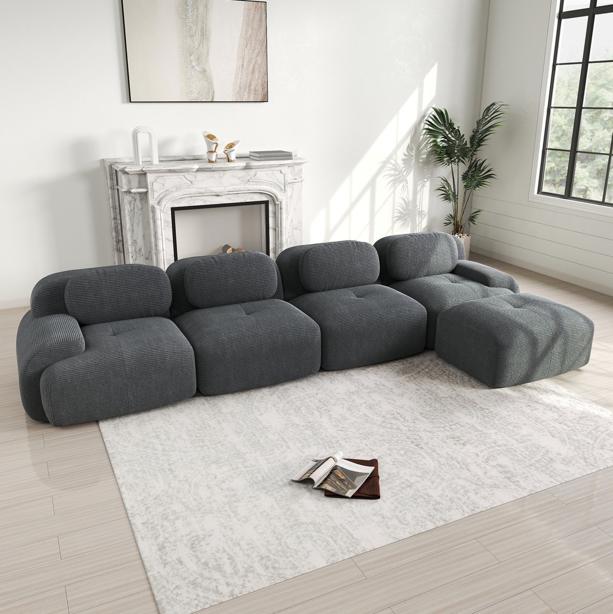 DESMIU Hoekbank 388 x 178 x 75 cm - Modulair En Vrij Combineerbaar Met Chaise Longue - Voor Woonkamer Kantoor En Heimkino - Corduroy Grijs