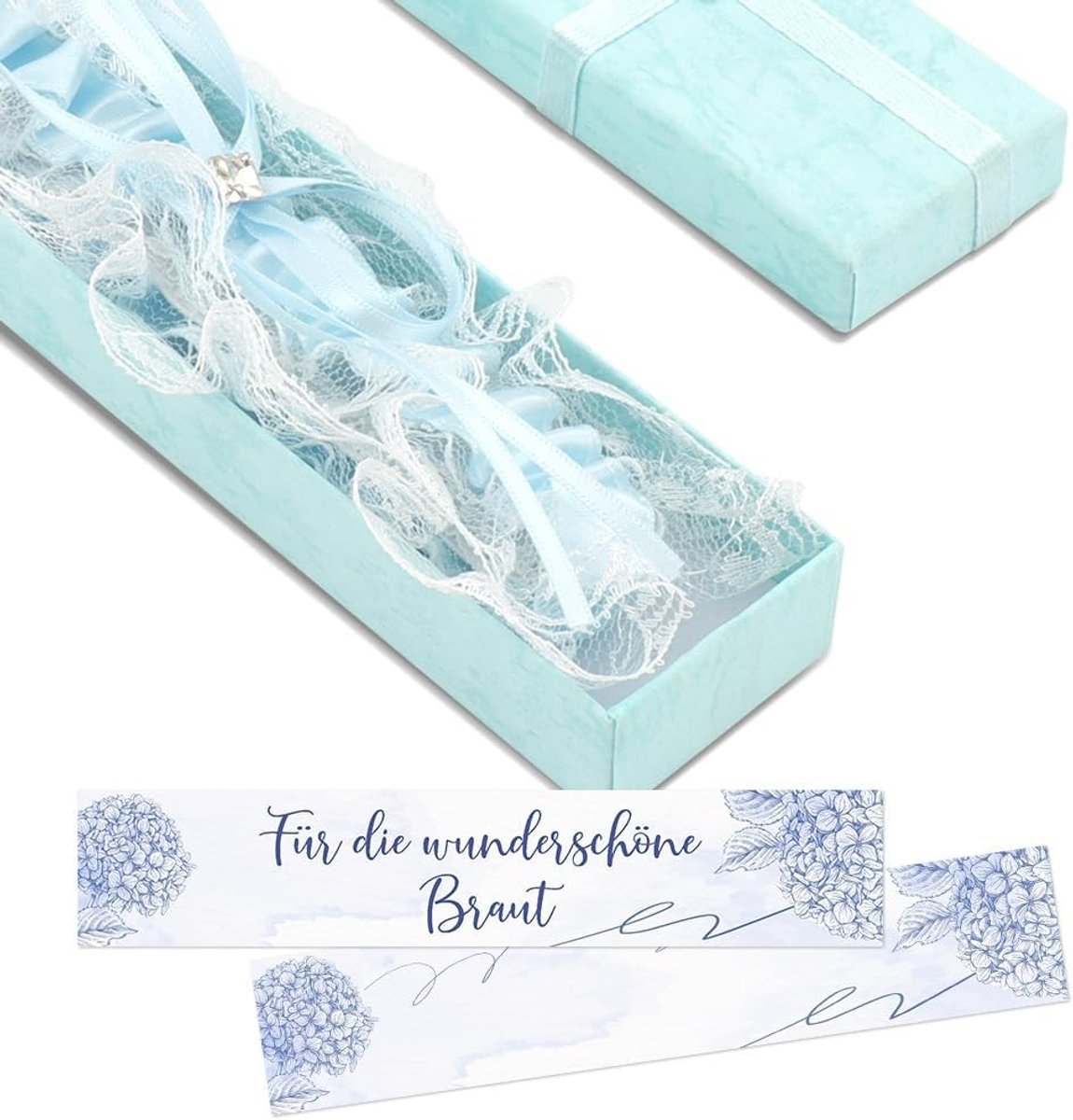 Elegante blauwe kousenband voor de bruid met wenskaart, perfect voor bruiloften en vrijgezellenfeesten, cadeau voor de bruid en vriendinnen