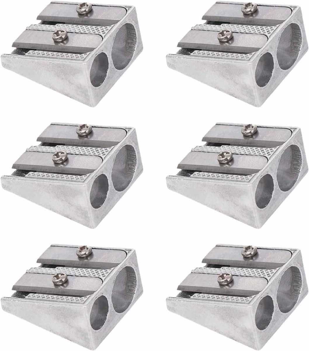 Set van 6 metalen puntenslijpers met dubbele gaten, ideaal voor school en kantoor, compact en duurzaam