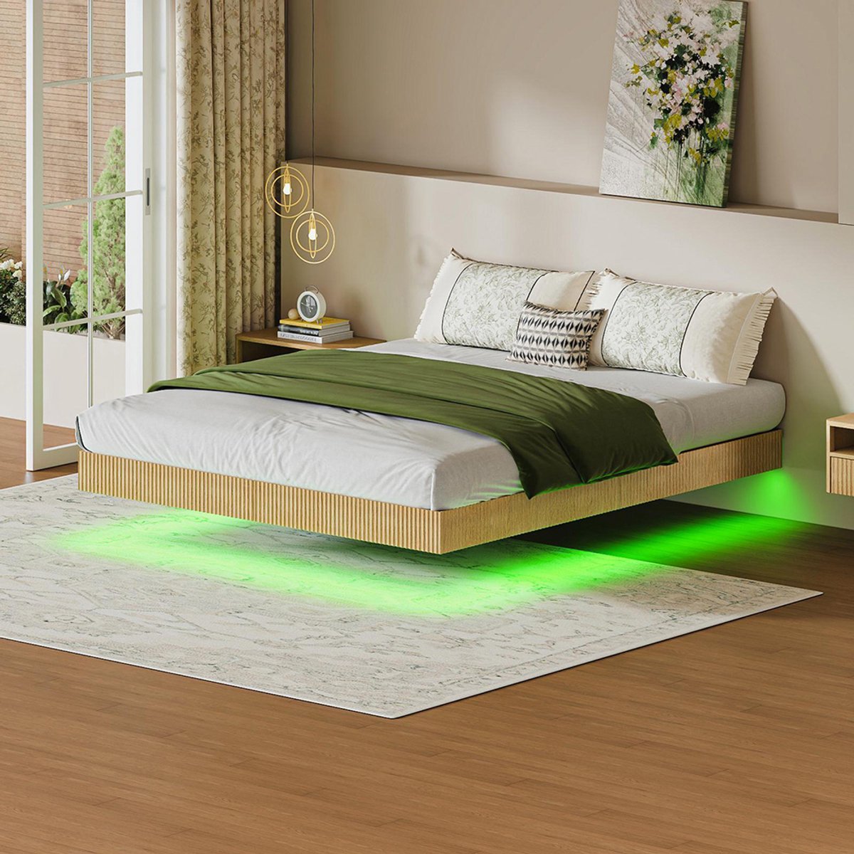 KOMHTOM - Modern bed - Zwevend ontwerp met groefbekleding - Sfeervolle LED-verlichting en versterkt plat ijzeren frame - 180 x 200 cm - Licht eiken