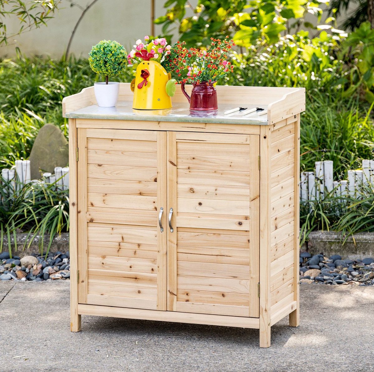 MEUNIQ Gartenschrank tuinkast 83 x 40 x 92 cm met werkblad, 2 legplanken, dubbele deur en verhoogde poten, houten opbergkast voor tuin of terras, naturel