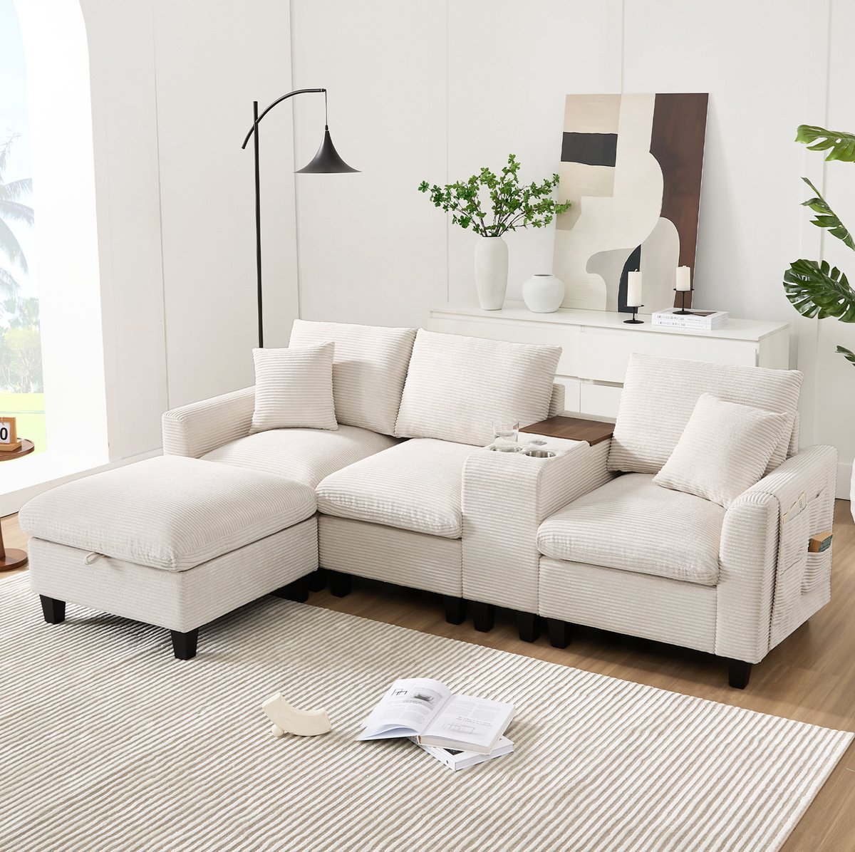 DESMIU Hoekbank 229 x 149,5 x 83 cm - Met Console, USB Aansluitingen, 2 Bekerhouders En Opbergruimte - Woonkamer - Cord Beige