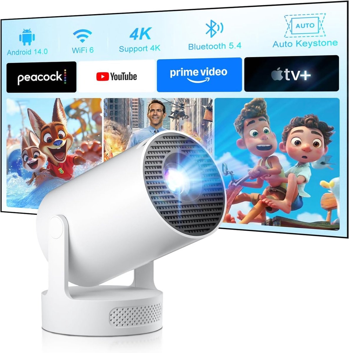 Mini Beamer - Draagbare Projector - 4K en 1080P Ondersteuning - Android 14.0 Smart TV - Voor Thuis en Buiten