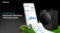 Hisense Energy Monitoring: maximale efficiëntie, minimale kosten. Toont een smartphone met energieverbruik grafieken naast een zwarte Hisense wasdroger.