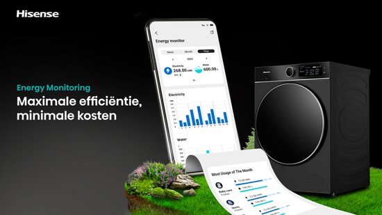 Hisense Energy Monitoring: maximale efficiëntie, minimale kosten. Toont een smartphone met energieverbruik grafieken naast een zwarte Hisense wasdroger.