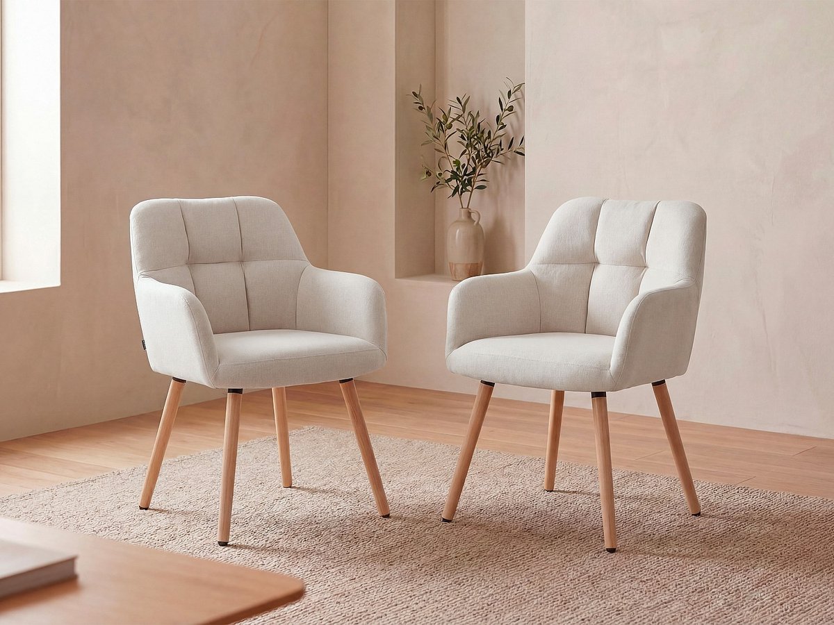 Vente-unique Set van 6 stoelen met armleuningen - Stof en beukenhout - Beige - PEGA