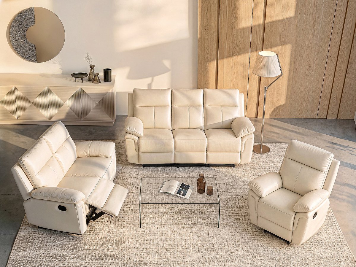 Vente-unique 3+2 zits relaxbank en -fauteuil van buffelleer PAKITA - Ivoor
